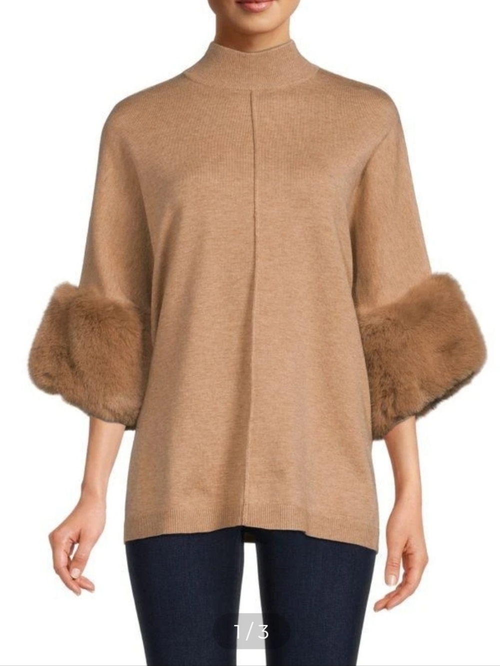 Saks Fifth Avenue Mock Turtleneck Faux Fur Trim Poncho size XS